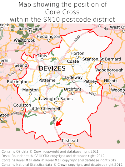 Map showing location of Gore Cross within SN10