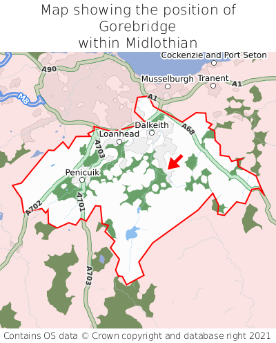 Map showing location of Gorebridge within Midlothian