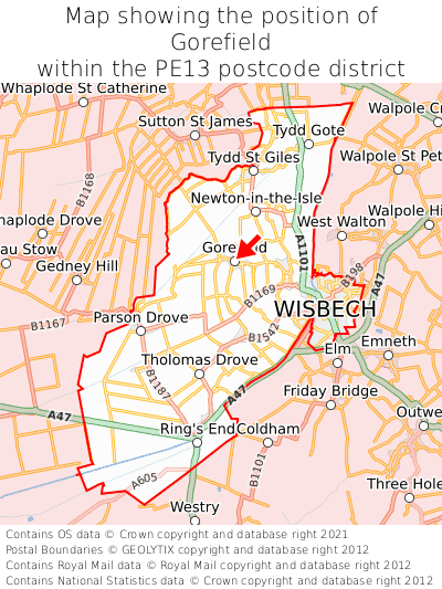 Map showing location of Gorefield within PE13