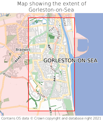 Map showing extent of Gorleston-on-Sea as bounding box