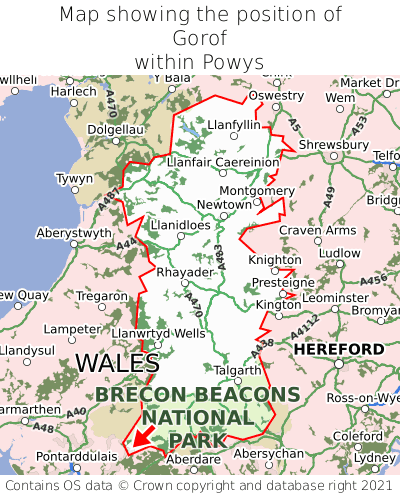 Map showing location of Gorof within Powys