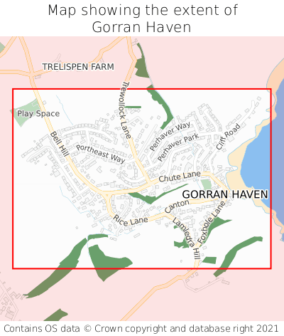 Map showing extent of Gorran Haven as bounding box
