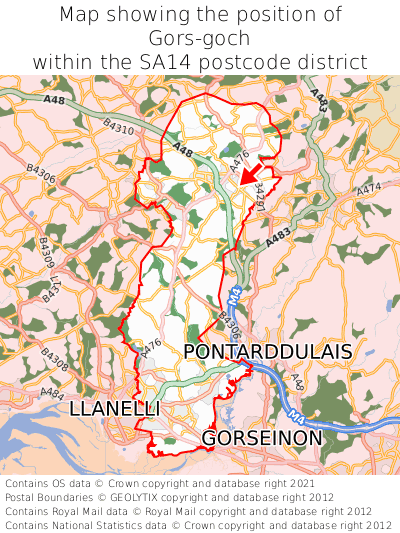 Map showing location of Gors-goch within SA14