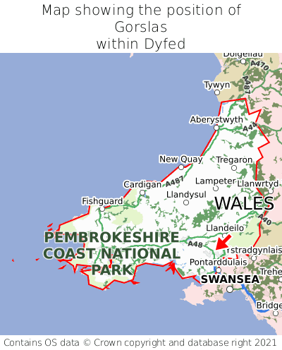 Map showing location of Gorslas within Dyfed