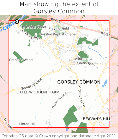 Map showing extent of Gorsley Common as bounding box
