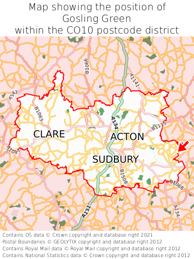 Map showing location of Gosling Green within CO10