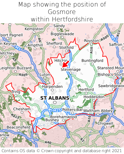 Map showing location of Gosmore within Hertfordshire