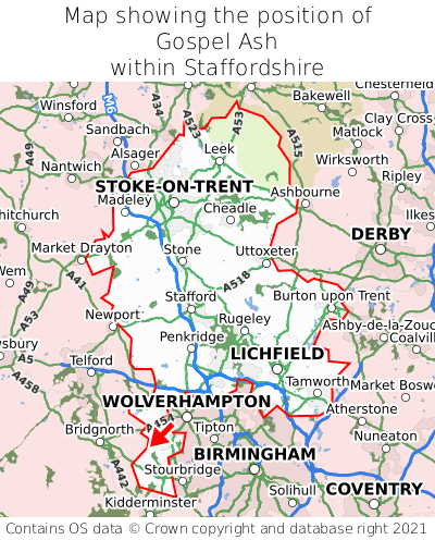 Map showing location of Gospel Ash within Staffordshire
