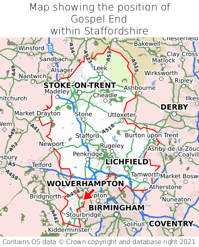 Map showing location of Gospel End within Staffordshire