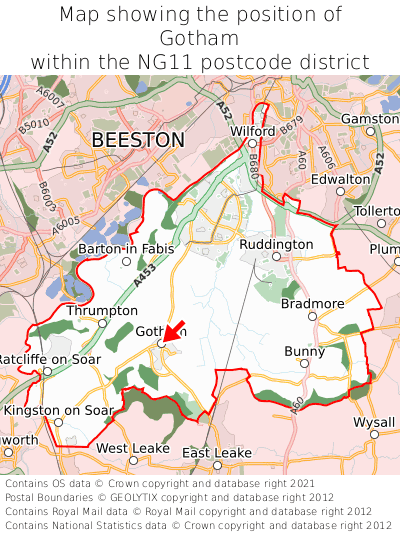 Map showing location of Gotham within NG11