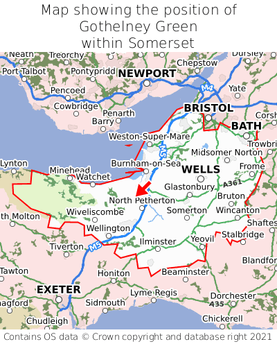 Map showing location of Gothelney Green within Somerset