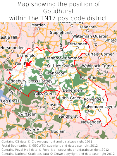 Map showing location of Goudhurst within TN17