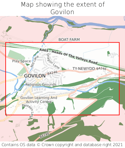 Map showing extent of Govilon as bounding box