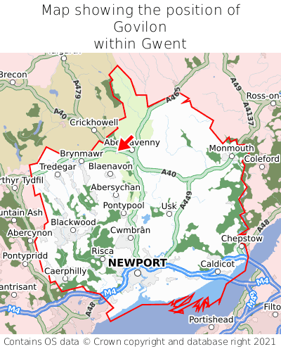 Map showing location of Govilon within Gwent