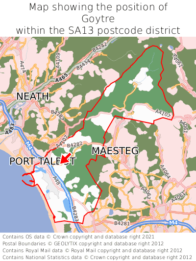 Map showing location of Goytre within SA13