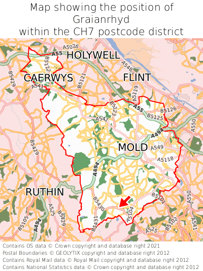 Map showing location of Graianrhyd within CH7