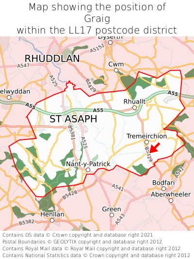 Map showing location of Graig within LL17