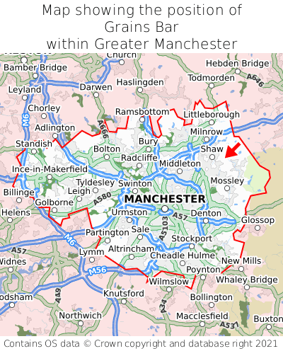 Map showing location of Grains Bar within Greater Manchester