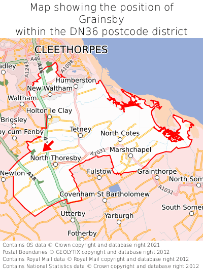 Map showing location of Grainsby within DN36