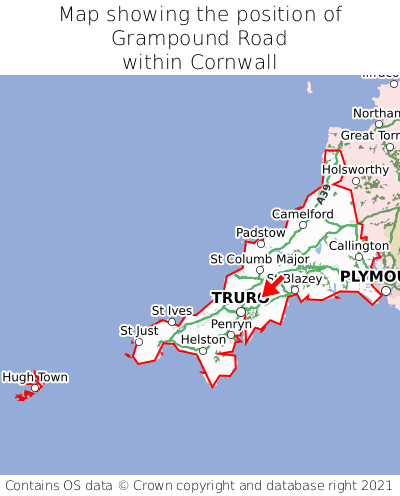 Map showing location of Grampound Road within Cornwall