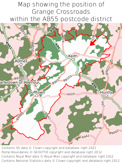 Map showing location of Grange Crossroads within AB55