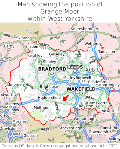 Map showing location of Grange Moor within West Yorkshire
