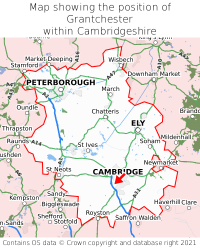 Map showing location of Grantchester within Cambridgeshire