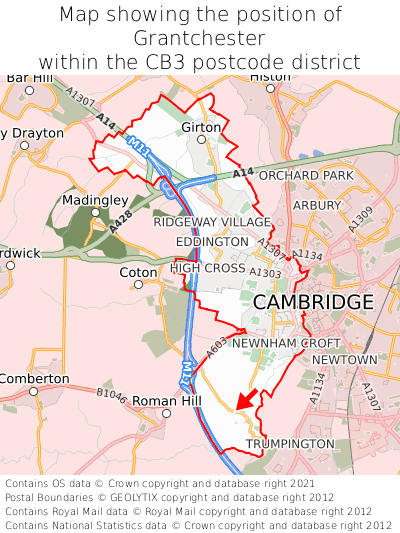 Map showing location of Grantchester within CB3