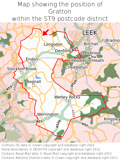 Map showing location of Gratton within ST9