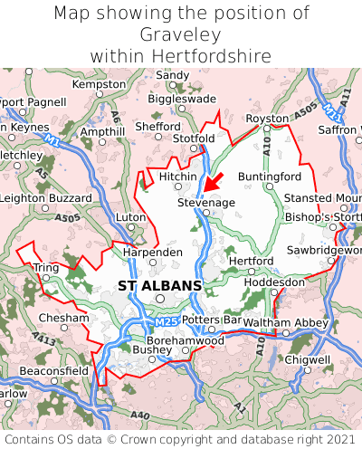 Map showing location of Graveley within Hertfordshire