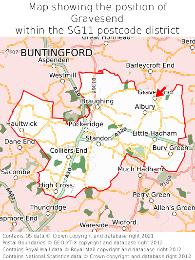 Map showing location of Gravesend within SG11