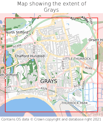 Map showing extent of Grays as bounding box