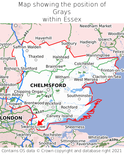 Map showing location of Grays within Essex