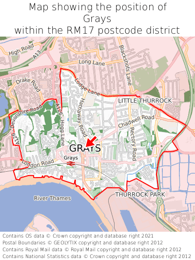 Map showing location of Grays within RM17