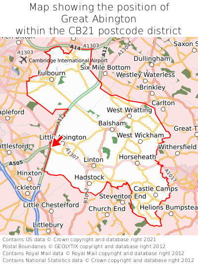 Map showing location of Great Abington within CB21