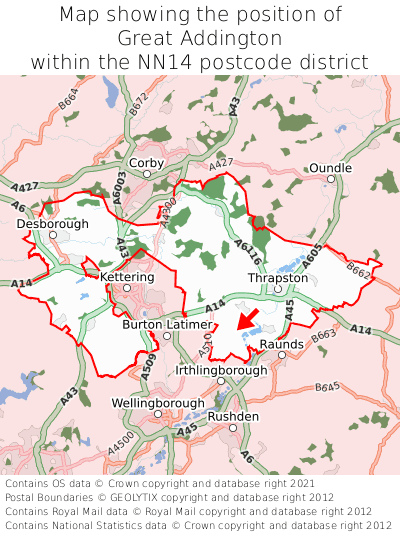 Map showing location of Great Addington within NN14