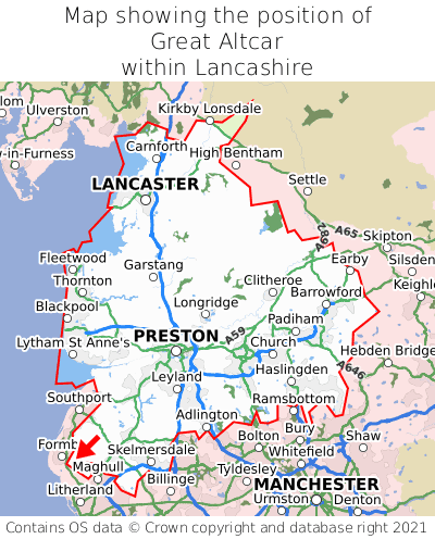 Map showing location of Great Altcar within Lancashire