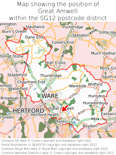 Map showing location of Great Amwell within SG12