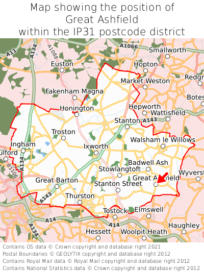 Map showing location of Great Ashfield within IP31