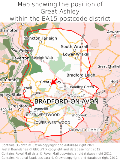 Map showing location of Great Ashley within BA15