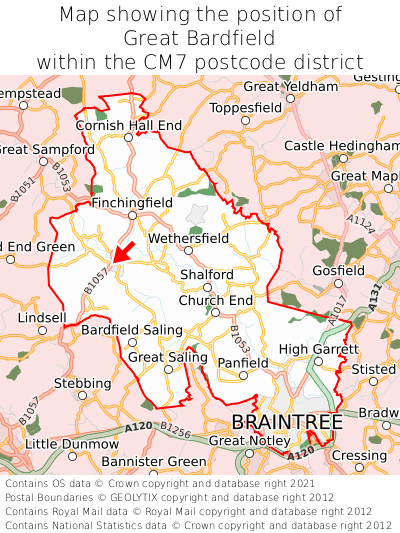 Map showing location of Great Bardfield within CM7