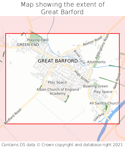 Map showing extent of Great Barford as bounding box