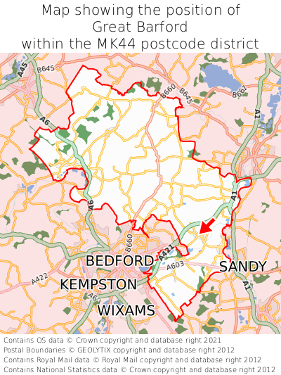 Map showing location of Great Barford within MK44