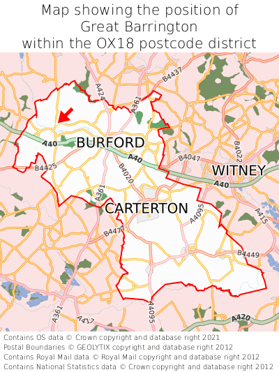Map showing location of Great Barrington within OX18