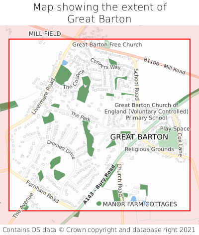 Map showing extent of Great Barton as bounding box