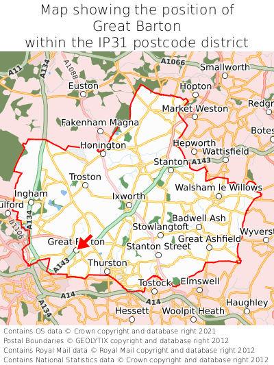 Map showing location of Great Barton within IP31