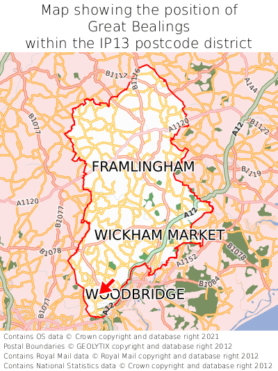 Map showing location of Great Bealings within IP13