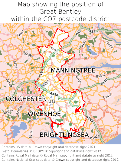 Map showing location of Great Bentley within CO7