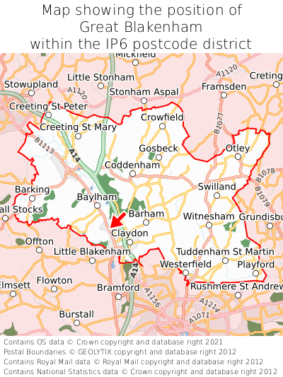 Map showing location of Great Blakenham within IP6