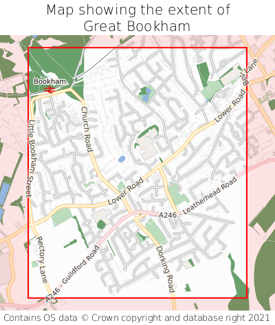 Map showing extent of Great Bookham as bounding box